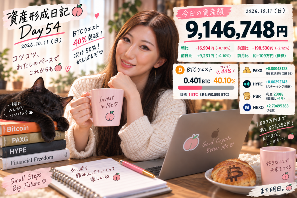 資産形成日記 Day54 2026年10月11日 総資産914万6748円 NEXO・HYPEの利息