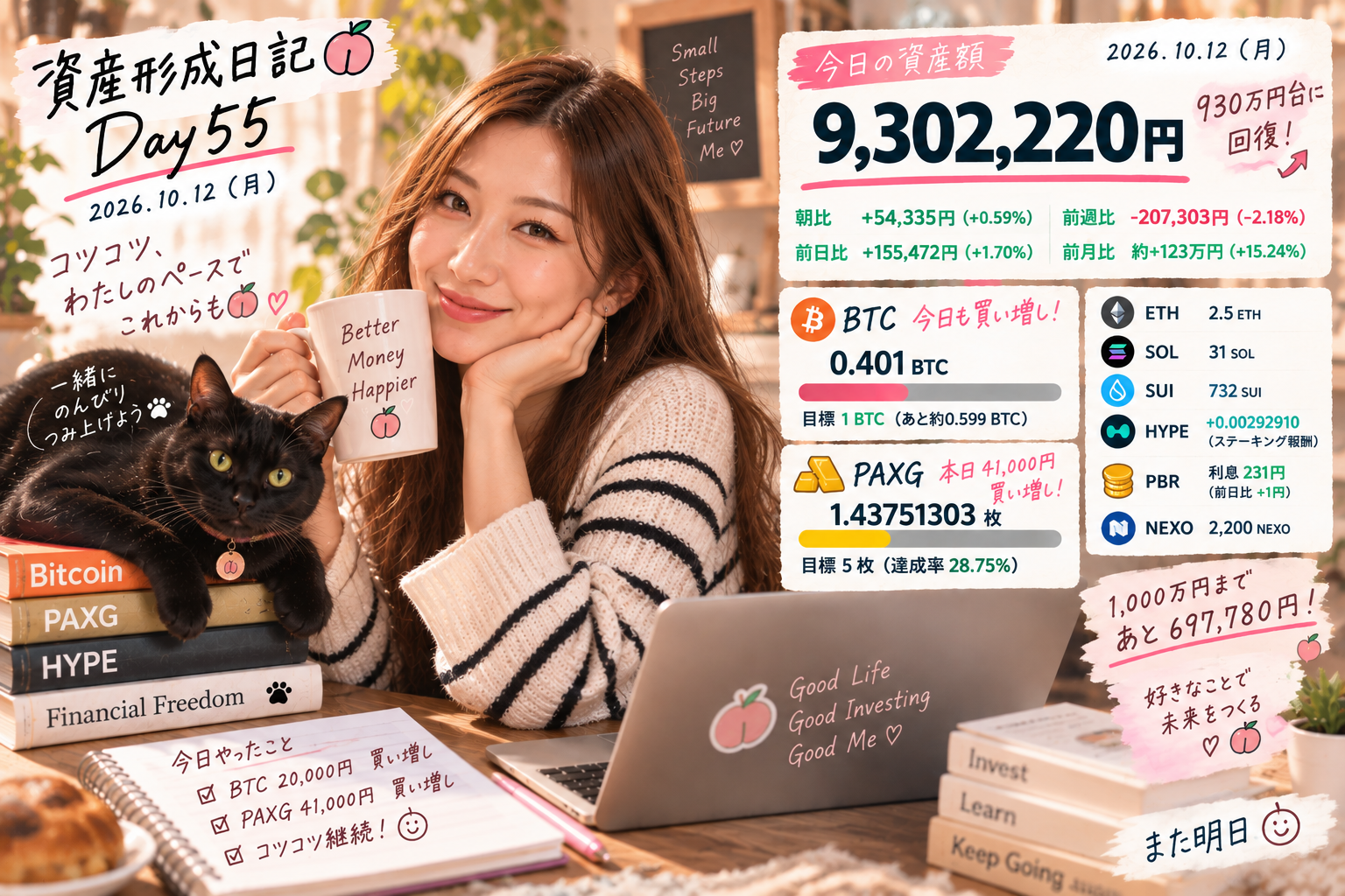 資産形成日記 Day55 2026年10月12日 総資産930万2220円 BTCとPAXG買い増し