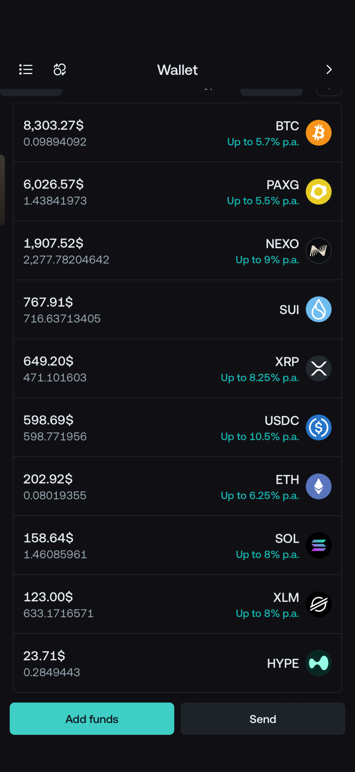 2026年10月13日夕方のNEXO保有数量。BTCとPAXGの数量を確認。