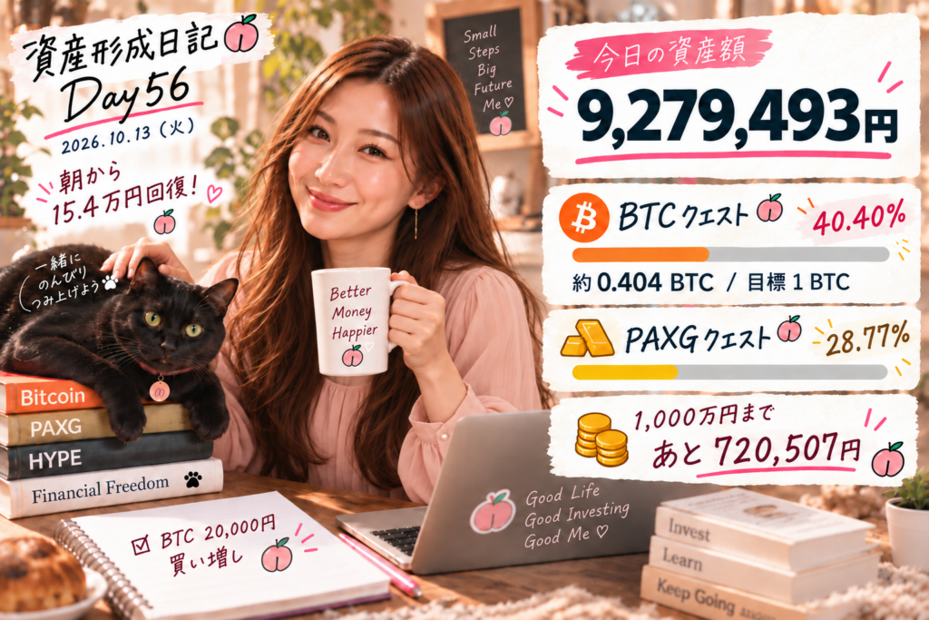 Day56 資産額9,279,493円。ピーチ色のブラウスの女性と黒猫。BTCクエスト40.40％、PAXGクエスト28.77％。