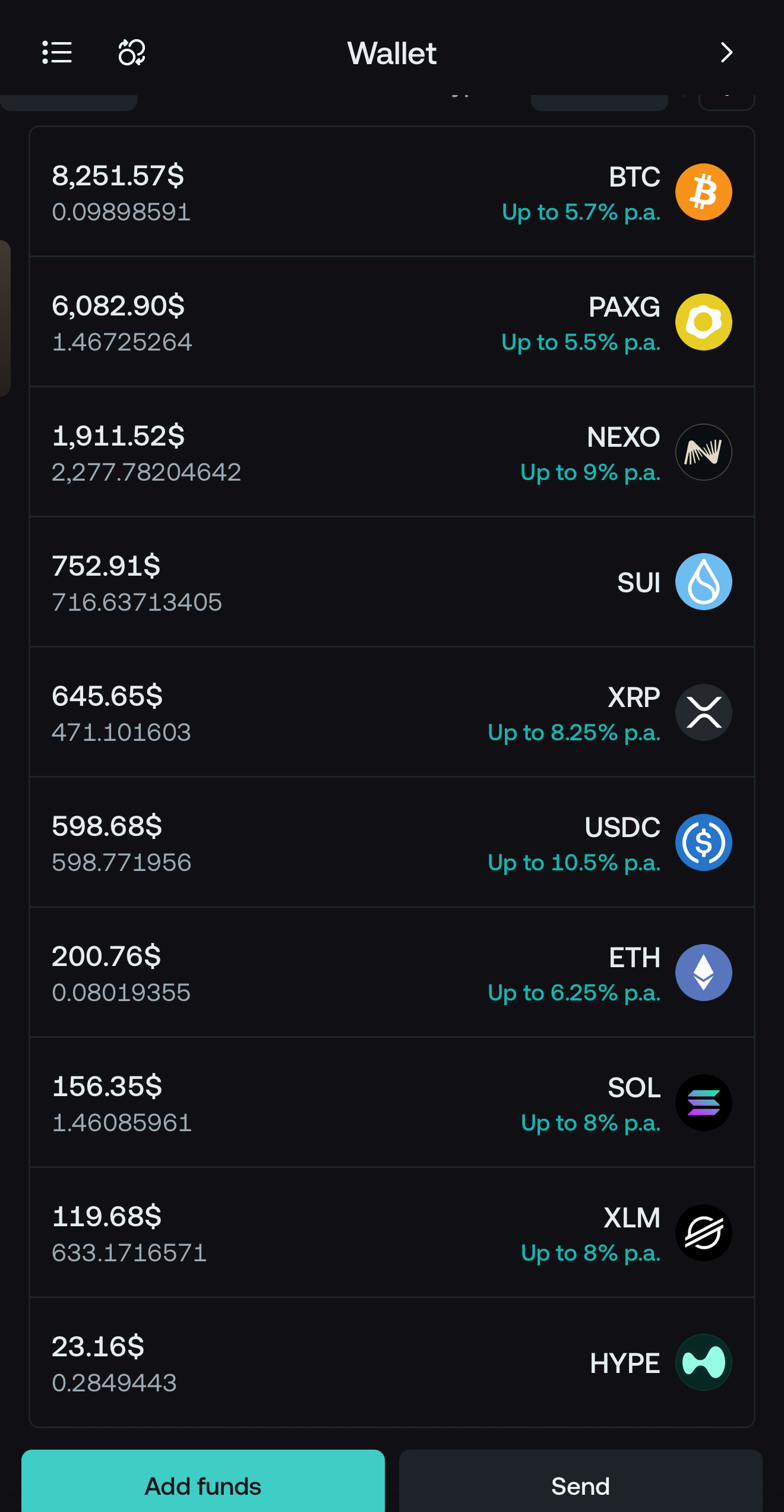 2026年10月14日夕方のNEXO。BTC0.09898591、PAXG1.46725264の保有数量。