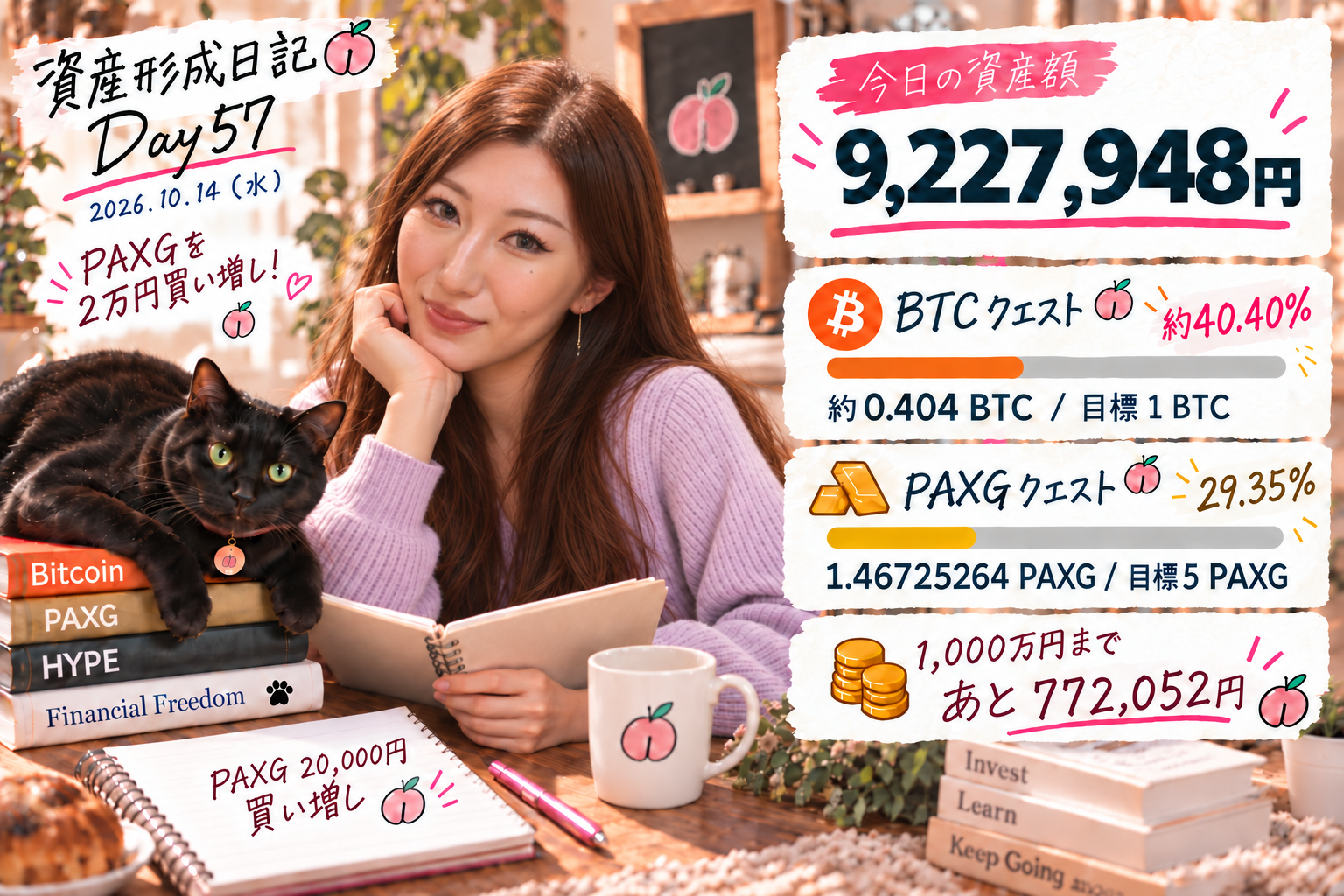 Day57資産形成日記。資産額9,227,948円、PAXG達成率29.35%。ラベンダーのニットの女性と黒猫。