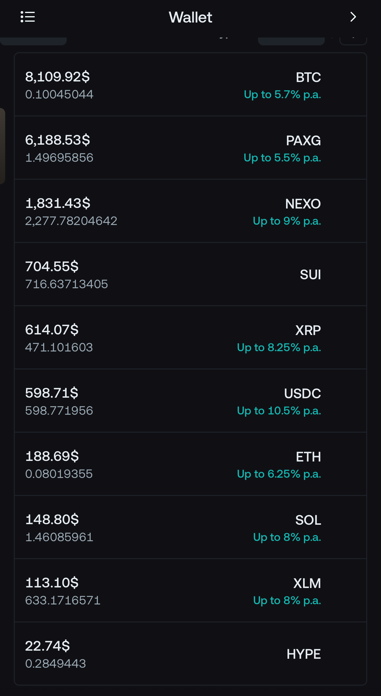 2026年10月15日夕方のNEXO保有数量。BTC0.10045044、PAXG1.49695856。