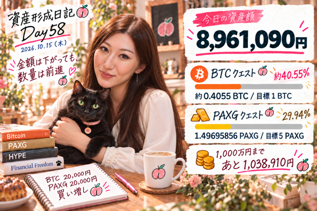 Day58資産形成日記。資産額8,961,090円、BTC約40.55％、PAXG29.94％。アイボリーのブラウスの女性と黒猫。