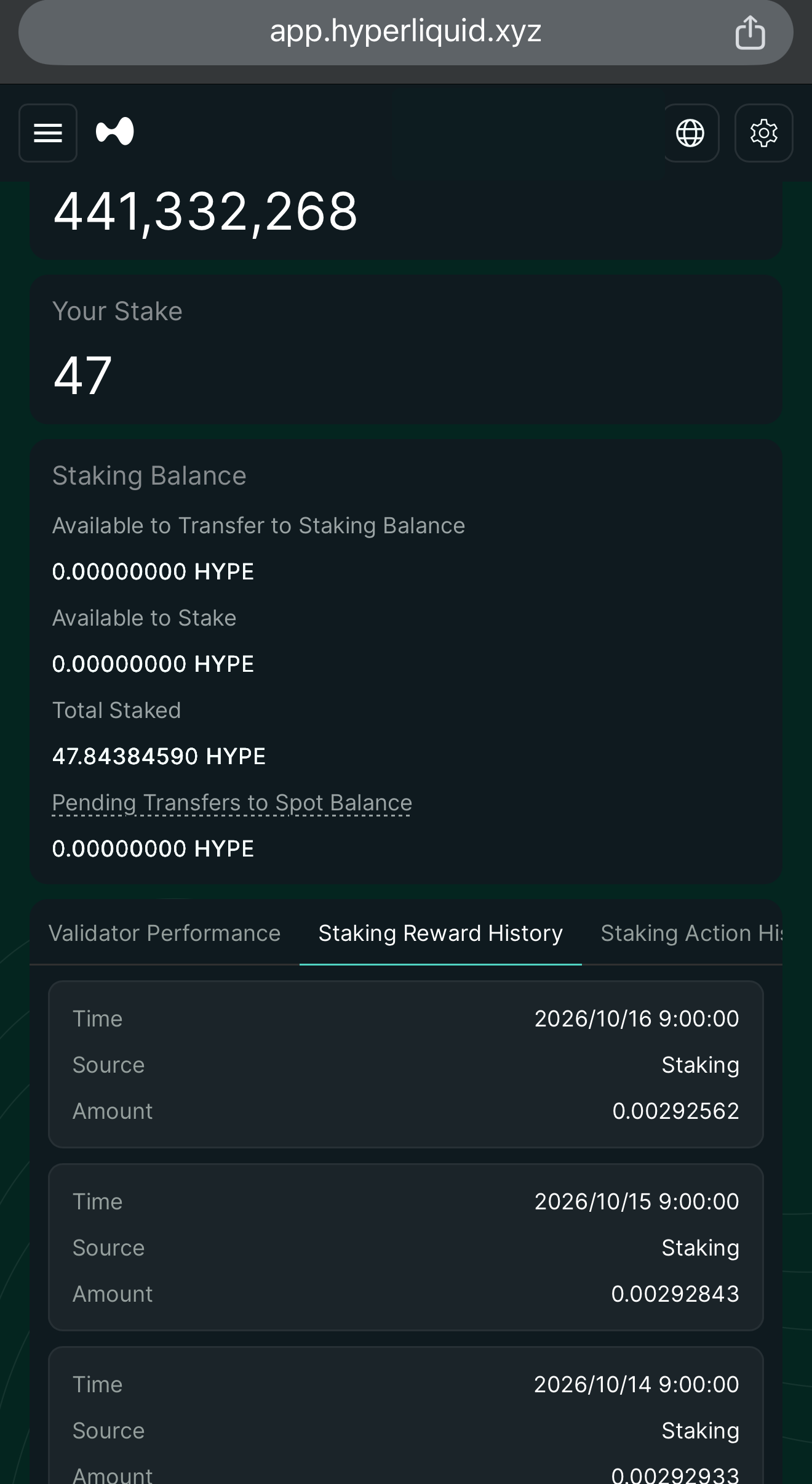 2026年10月16日のHYPEステーキング数量47.84384590、報酬0.00292562 HYPE。