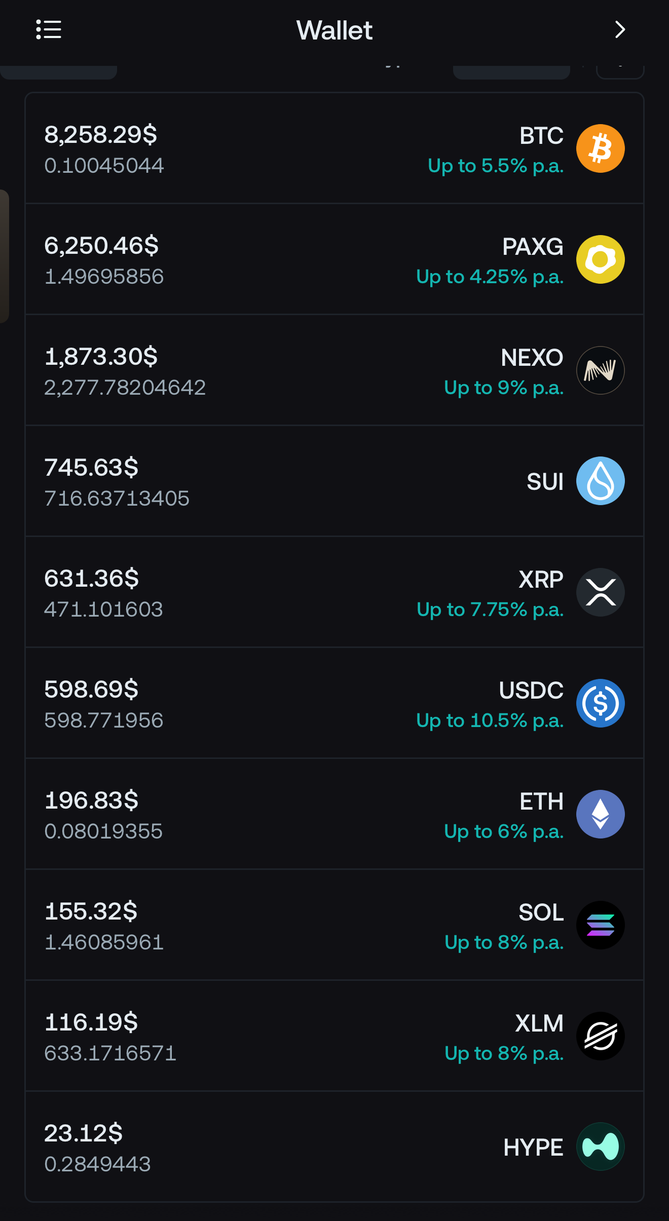 2026年10月16日夕方のNEXO。BTC 0.10045044、PAXG 1.49695856。最大金利表示はBTC 5.5％、PAXG 4.25％。