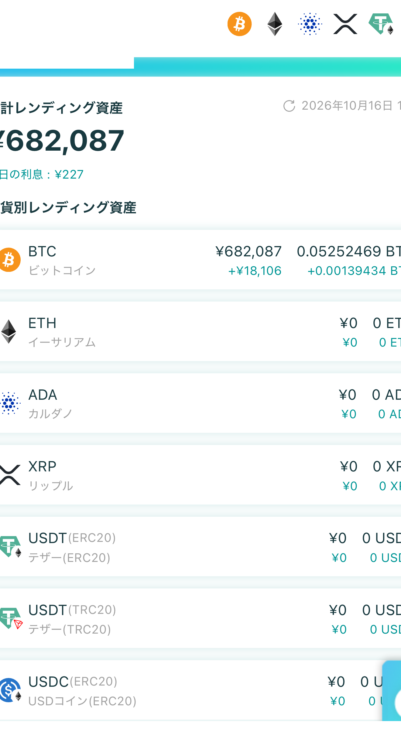 2026年10月16日夕方のPBR Lending。貸出数量0.05252469 BTC、利息表示227円。