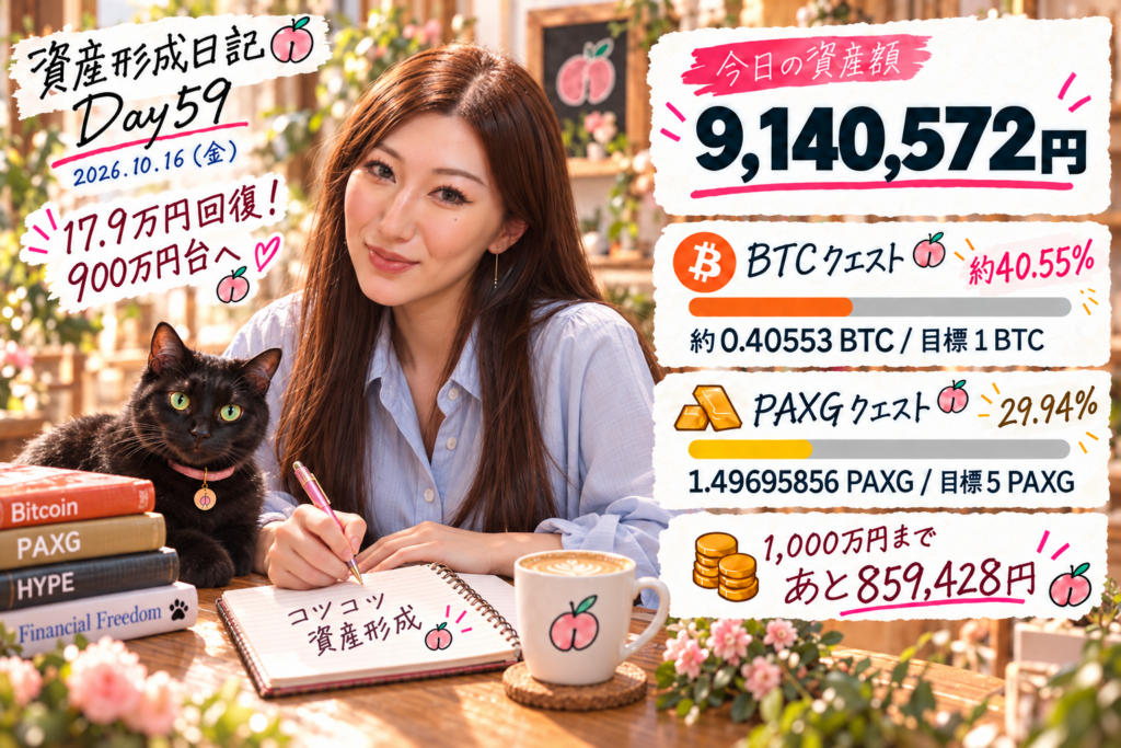 Day59、2026年10月16日の資産形成日記。総資産9,140,572円、BTCクエスト約40.55％。