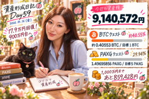 Day59、2026年10月16日の資産形成日記。総資産9,140,572円、BTCクエスト約40.55％。