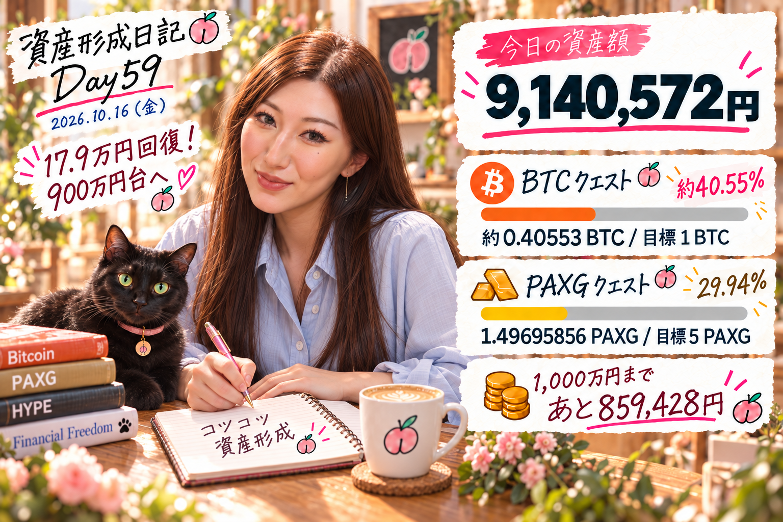 Day59、2026年10月16日の資産形成日記。総資産9,140,572円、BTCクエスト約40.55％。