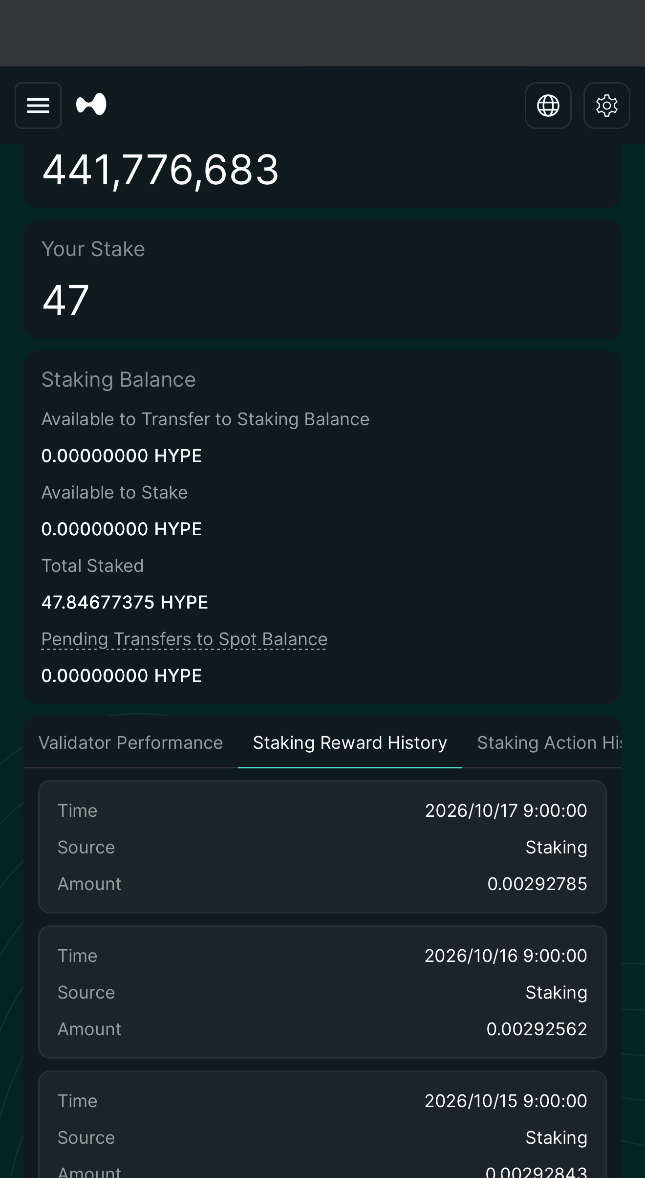 2026年10月17日のHYPEステーキング数量47.84677375、報酬0.00292785 HYPE。