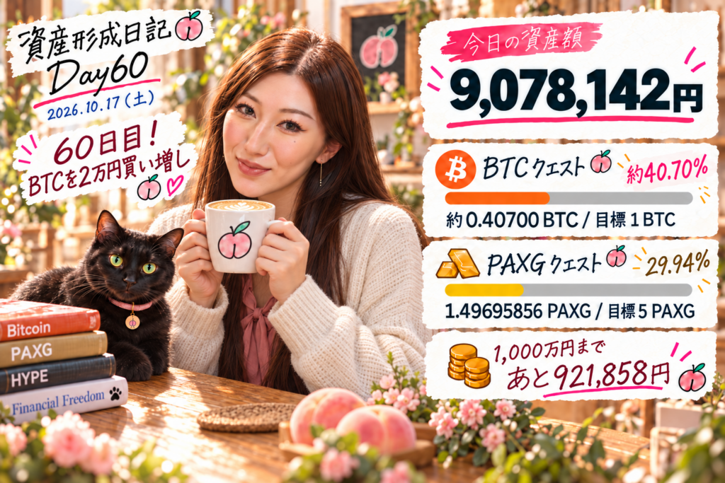 2026年10月17日、Day60。資産額9,078,142円、BTCクエスト約40.70％、PAXGクエスト29.94％。