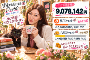 2026年10月17日、Day60。資産額9,078,142円、BTCクエスト約40.70％、PAXGクエスト29.94％。