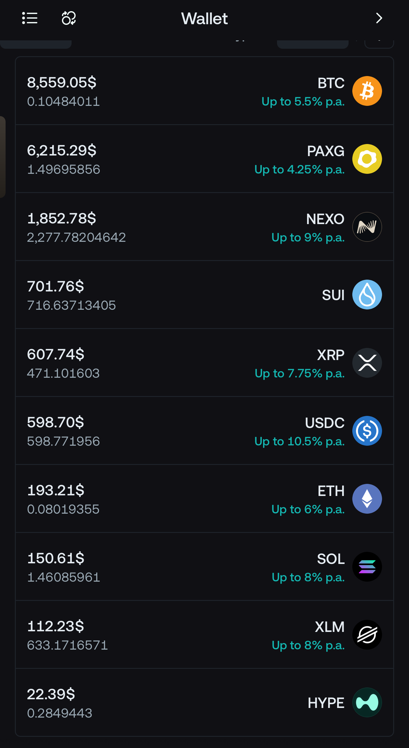 2026年10月18日夕方のNEXO。BTC 0.10484011、PAXG 1.49695856。