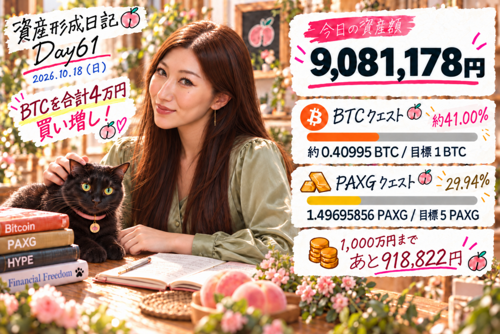 Day61、2026年10月18日。資産額9,081,178円、BTCクエスト約41.00％、PAXGクエスト29.94％。顔の角度修正版。